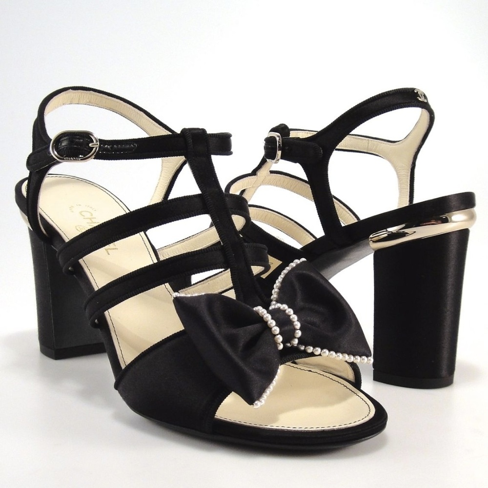 CHANEL Black Satin Bow Pearl Sandals Heels CC Logo